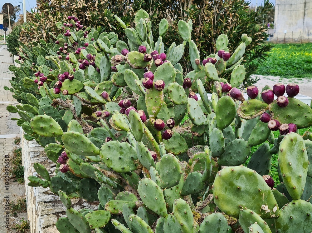 close-up of the fruits of the prickly pear on the cladodes of the plant
close-up of the fruits of the prickly pear on the cladodes of the plant