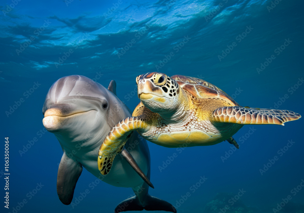 Fototapeta premium A Dolphin and a Sea Turtle Underwater portrait, closeup shot, professional photography, Happy friends under the ocean