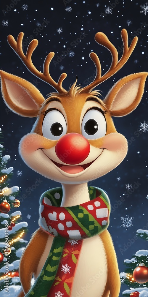 Naklejka premium Bright Festive Cartoon Reindeer Standing in Snow with Illuminated Christmas Tree : Generative AI