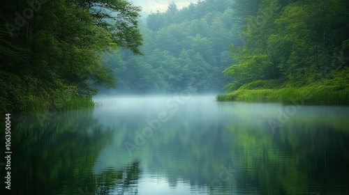 Foggy Forest by Tranquil Lake