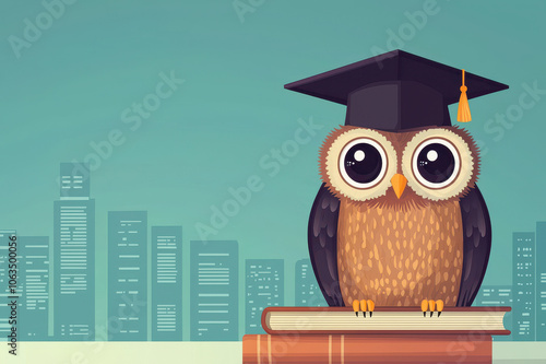 Owl in graduate cap sitting on books with a city skyline background. photo