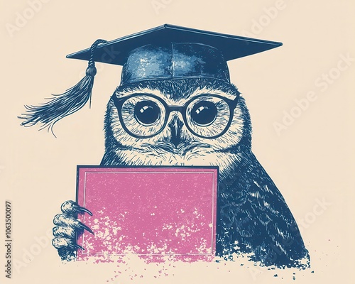 Owl wearing graduation cap and holding a book, white isolate background photo