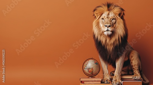 Lion Sitting Beside a Globe on Bookshelf