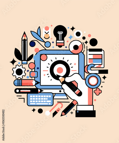 Creative vector illustration featuring a hand drawing on a tablet, surrounded by design icons and graphic elements in pastel colors. Perfect for graphic design and digital art themes.
