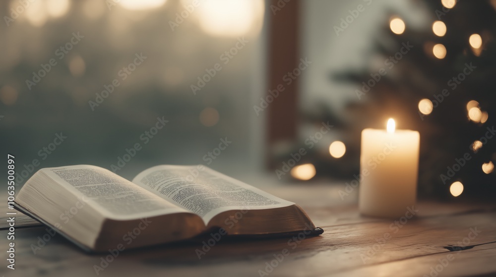 A cozy setting with an open book and candlelight during the holiday season by the window. A cozy setting with an open book and candlelight during the holiday season by the window.