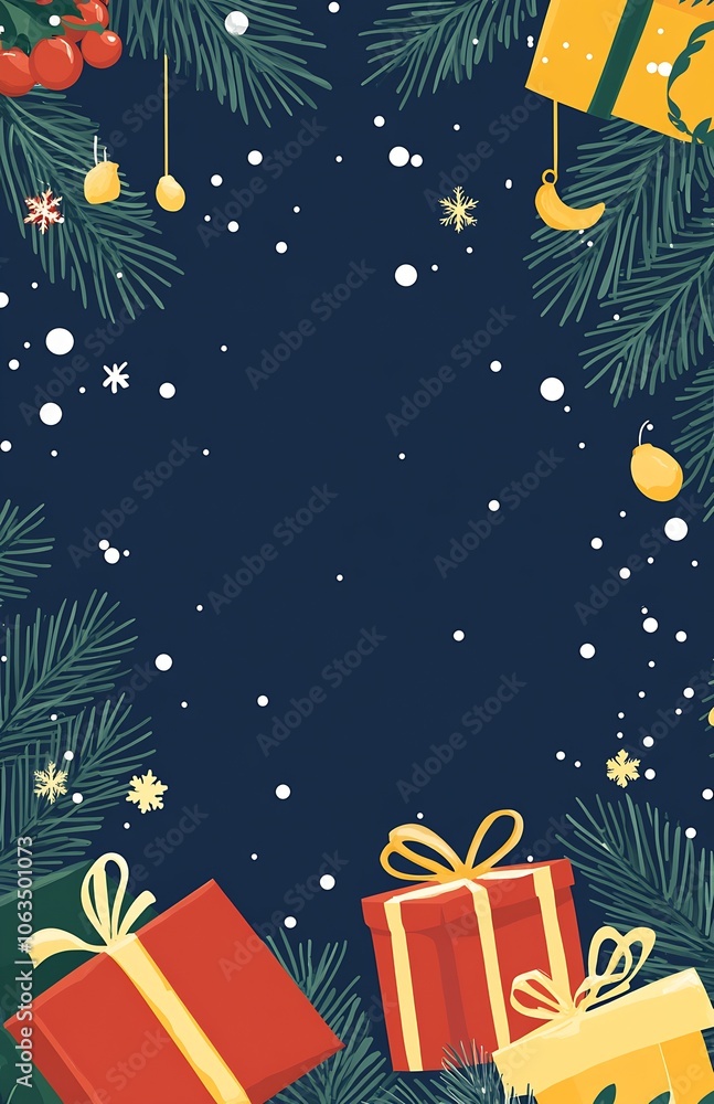 Christmas Gift Frame with Snowflakes Presents and Pine Branches on Dark Blue Background : Generative AI
