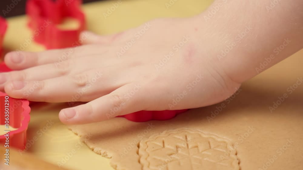 Child's hand making gingerbread cookies using various forms. Christmas and New Year concept. Making tasty xmas cookies. Child preparing festive Christmas cookies at home. Close-up in 4K, UHD