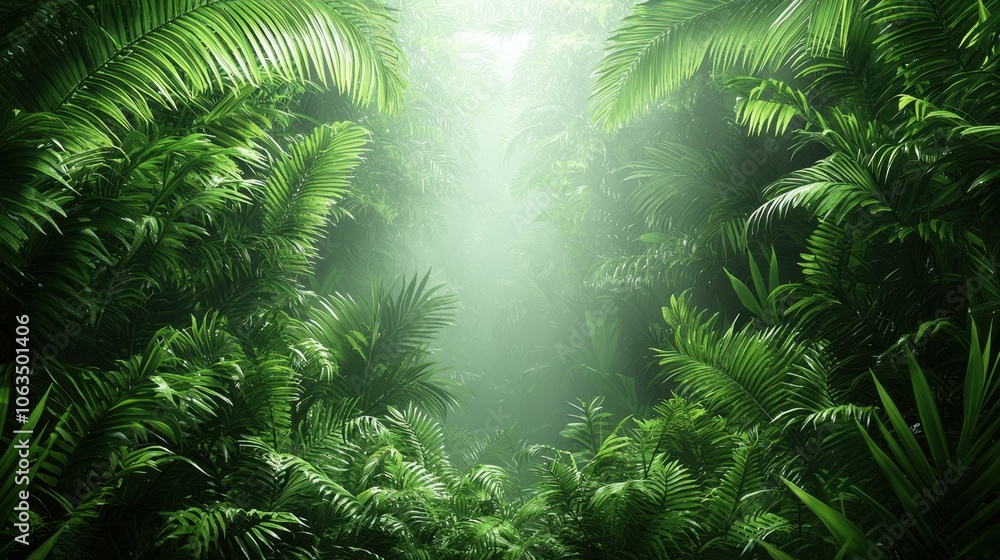 Obraz premium Lush Tropical Rainforest Scene with Mist and Sunlight