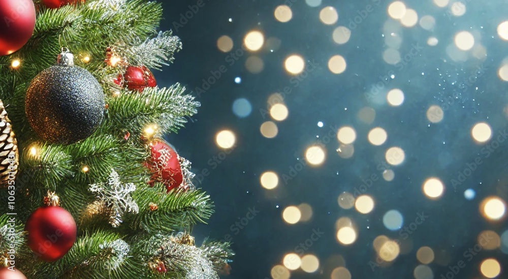 Christmas and New Year background. Decorated Christmas tree with shiny balls and garlands with bokeh texture. The atmosphere of celebration and magic Christmas and New Year background. Decorated Christmas tree with shiny balls and garlands with bokeh texture. The atmosphere of celebration and magic