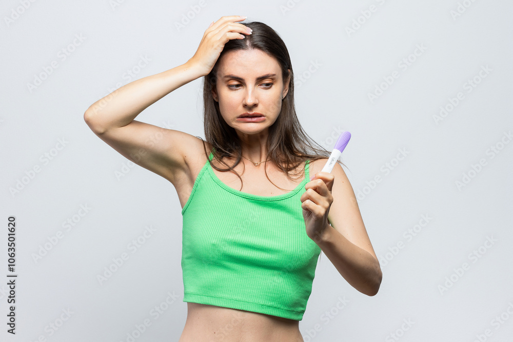 Young woman discovers the result of her pregnancy test and looks sad, negative, worried. On white background. Young woman discovers the result of her pregnancy test and looks sad, negative, worried. On white background.
