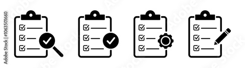 Quality control stroke icon set. Checklist on the clipboard line icon with checkmarks, checklist, document, gear, pencil. 