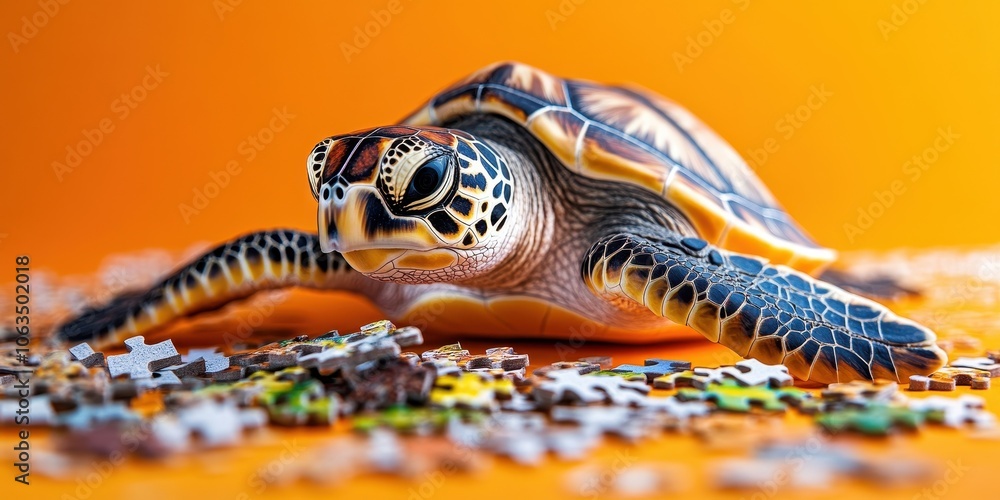 Fototapeta premium Turtle Among Colorful Puzzle Pieces