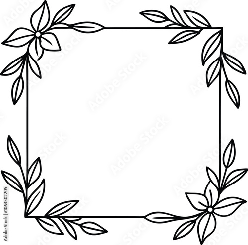 lineart minimalist floral hand drawn frame with leaf and simple floral border