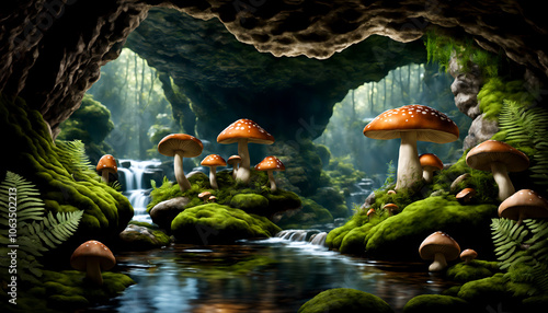 mushrooms in the forest grotto