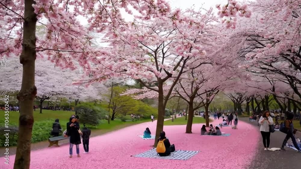 A sweeping wide shot of a park filled with blooming cherry blossom trees, their delicate pink petals cascading to the ground. A sweeping wide shot of a park filled with blooming cherry blossom trees, their delicate pink petals cascading to the ground.