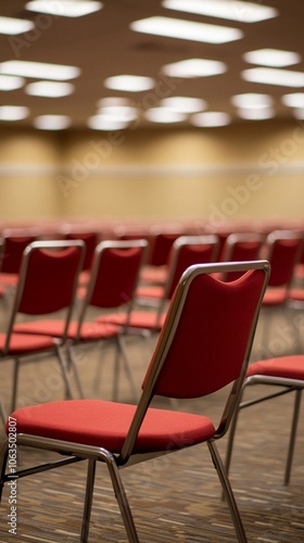 Empty conference room with rows of red chairs awaiting attendees. Fluorescent lights illuminate the space, creating a professional atmosphere for meetings or presentations.