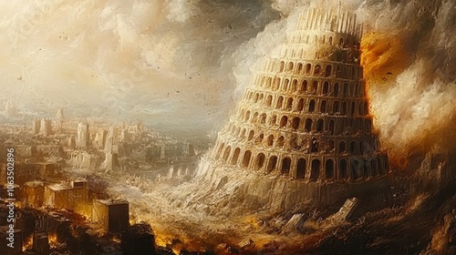 portrayal of the Tower of Babel being destroyed, where God confuses human language to prevent prideful ambition, symbolizing humility and unity in diversity, photo