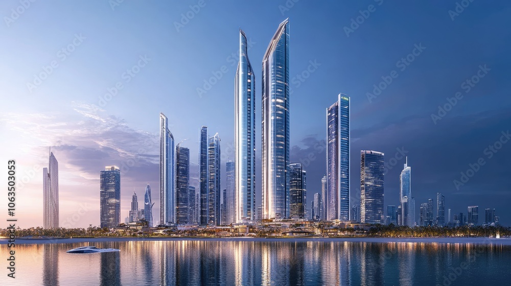 Fototapeta premium Modern City Skyline at Dusk with Reflections