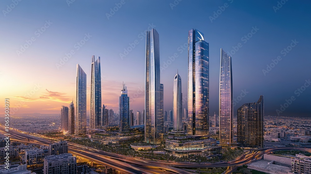 Obraz premium Stunning Skyline of Modern City at Sunset