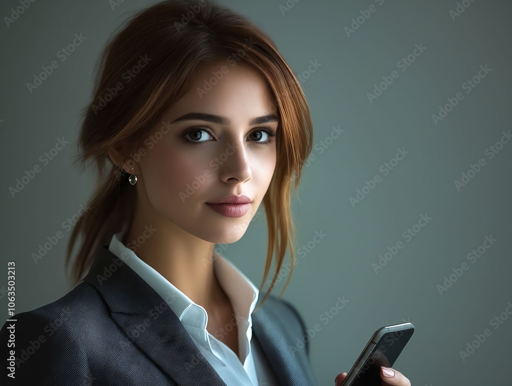 A woman in a business suit holding a cell phone A woman in a business suit holding a cell phone