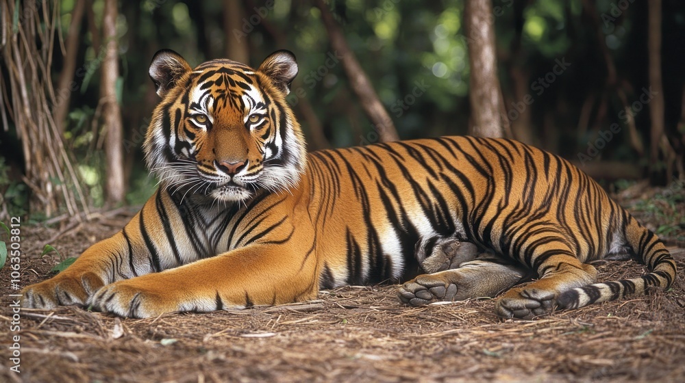 Fototapeta premium A majestic tiger lies in wait in a lush jungle setting, its powerful presence and striking stripes dominating the scene.