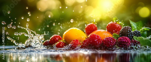 Fresh fruits and berries with water splashes on green gradient background. Copy space banner for advertising photo