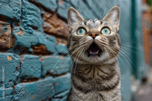 Cheerful pets expressing surprise against a blue backdrop with room for text or captions photo