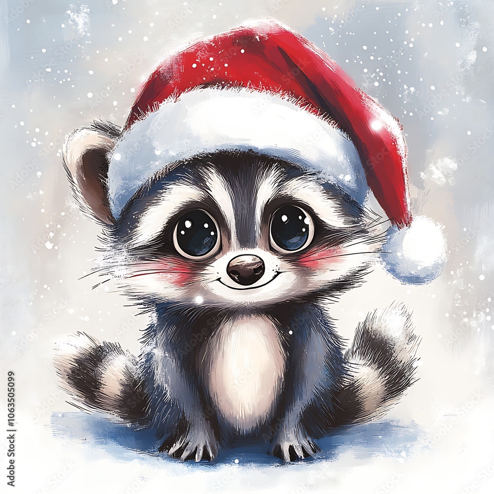 Cute Christmas Raccoon Sitting in Snow with Whimsical Santa Hat : Generative AI Cute Christmas Raccoon Sitting in Snow with Whimsical Santa Hat : Generative AI
