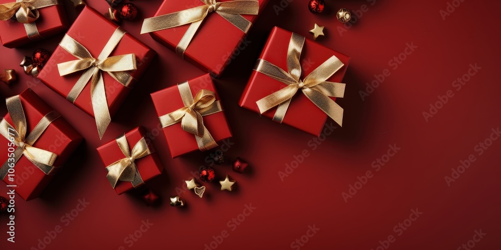 A Festive Display of Red Gift Boxes Adorned with Gold Ribbons and Scattered Ornaments on a Vibrant Red Background A Festive Display of Red Gift Boxes Adorned with Gold Ribbons and Scattered Ornaments on a Vibrant Red Background