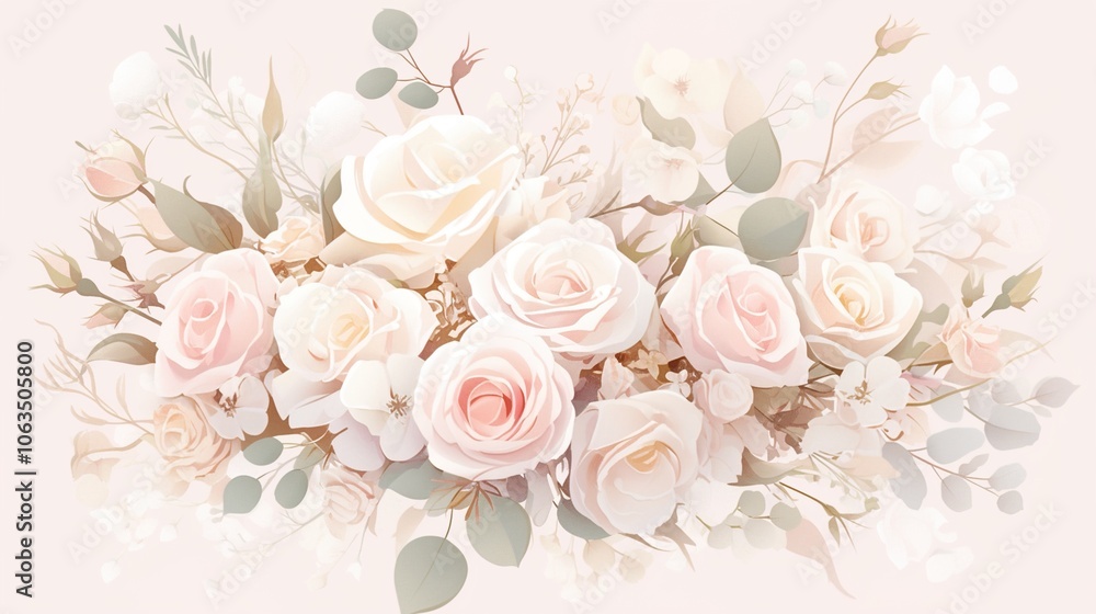 Delicate Elegance: Soft Pink and White Roses with Eucalyptus - Watercolor Wedding Floral Design Elements for Perfectly Replicated Patterns Delicate Elegance: Soft Pink and White Roses with Eucalyptus - Watercolor Wedding Floral Design Elements for Perfectly Replicated Patterns