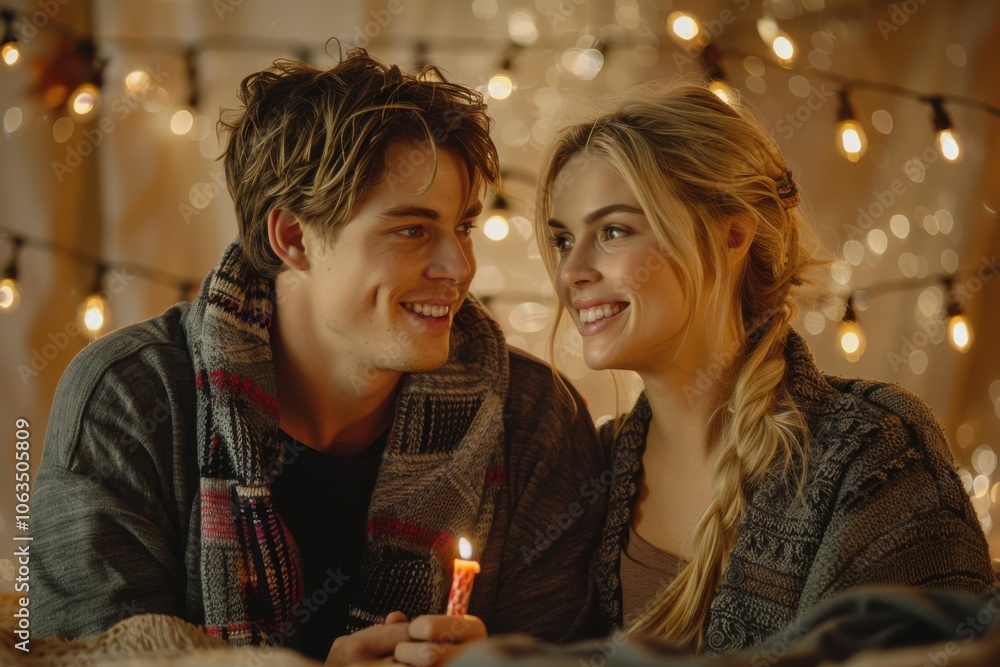 A couple shares a tender moment on a bed in a warmly lit room adorned with candles and string lights, creating a cozy and romantic atmosphere. A couple shares a tender moment on a bed in a warmly lit room adorned with candles and string lights, creating a cozy and romantic atmosphere.