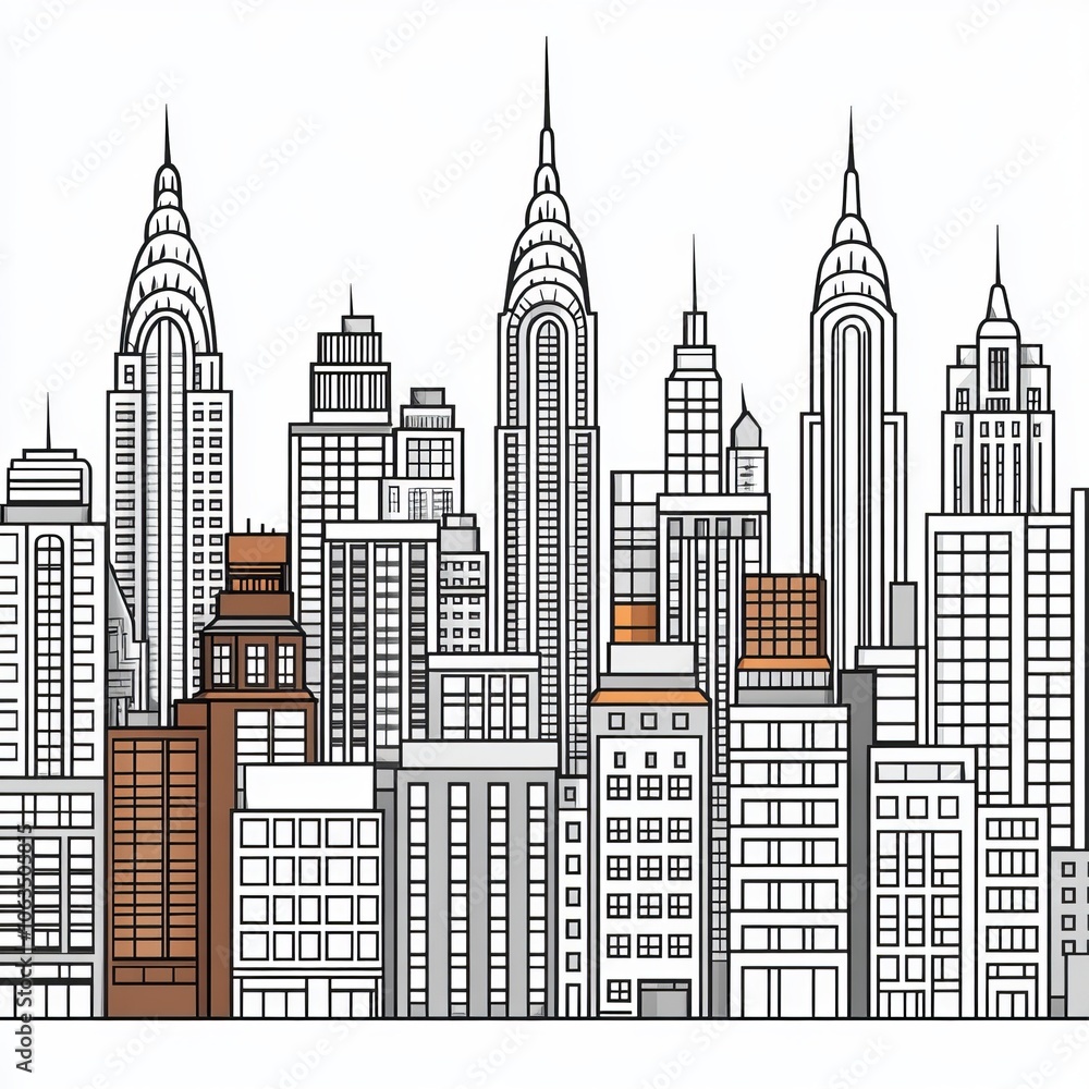 A stylized skyline illustration featuring iconic skyscrapers in monochrome. A stylized skyline illustration featuring iconic skyscrapers in monochrome.