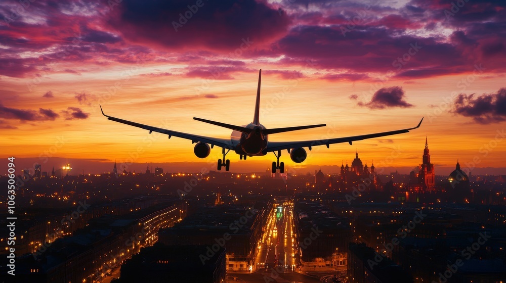 Airplane making a stunning evening descent over a cityscape, illuminating the skyline with vibrant sunset hues and twinkling city lights. Airplane making a stunning evening descent over a cityscape, illuminating the skyline with vibrant sunset hues and twinkling city lights.