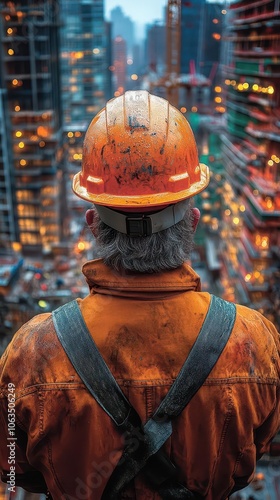 construction worker wearing a hard hat focused on his ipad while surveying a building site illustrating the blend of technology and industry in a modern work environment filled with activity