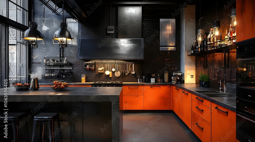 Contemporary Burnt Orange and Black Industrial Kitchen with Urban Vibe (Industrial Style) Contemporary Burnt Orange and Black Industrial Kitchen with Urban Vibe (Industrial Style)