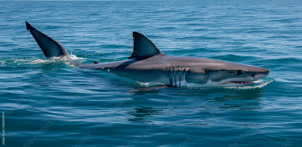Fototapeta premium Great white sharks are one of the largest predatory fish in the world. On the water