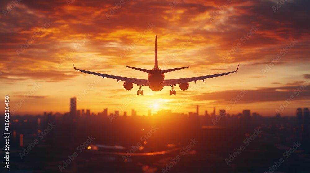 Airplane silhouette against vibrant sunset sky, soaring over city skyline, symbolizing travel and adventure in a breathtaking scene. Airplane silhouette against vibrant sunset sky, soaring over city skyline, symbolizing travel and adventure in a breathtaking scene.