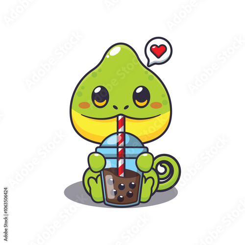 Chameleon drink boba milk tea cartoon vector illustration