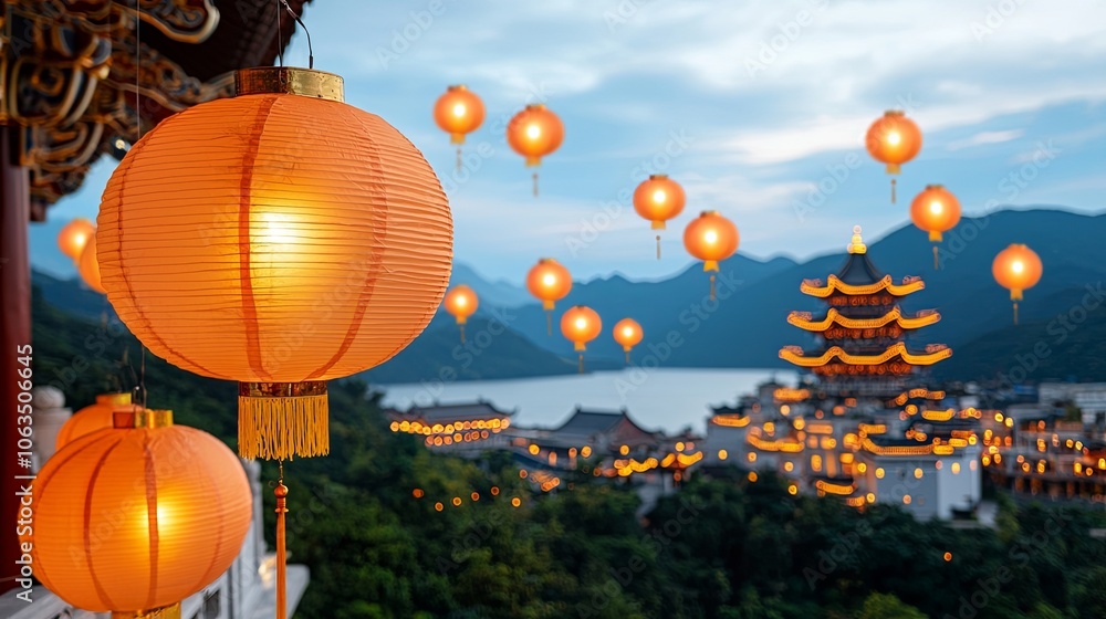 Lanterns Illuminating Temple Courtyard at Dusk Lanterns Illuminating Temple Courtyard at Dusk