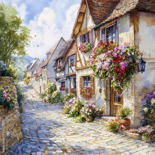 Charming cobblestone street with flower-adorned houses under a bright sky.