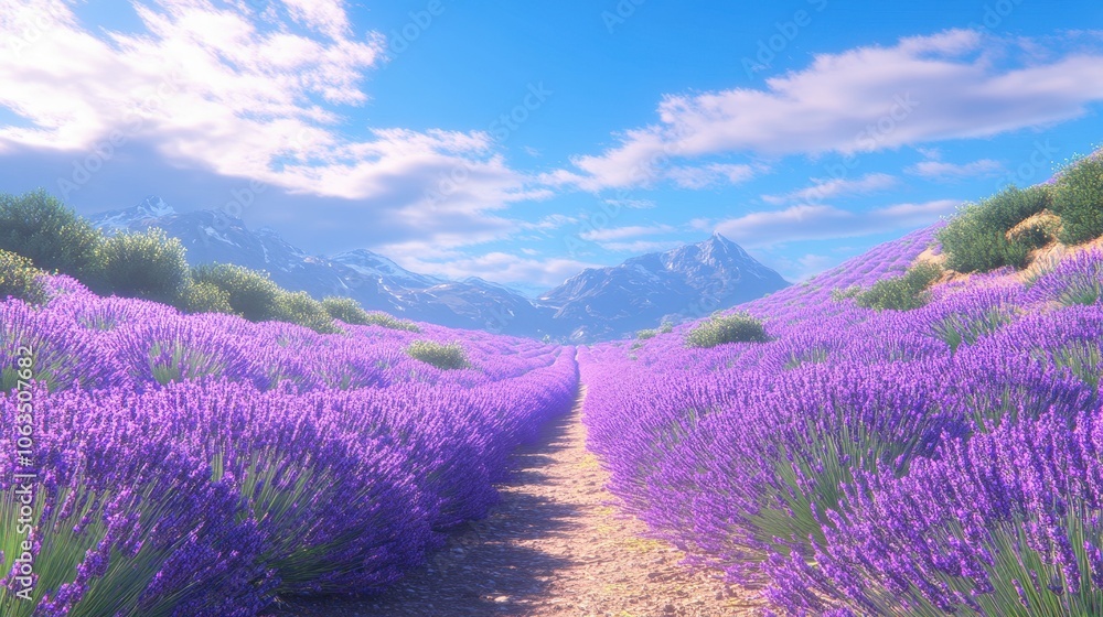 A breathtaking view of lavender rows, the purple flowers glowing in the sun under a clear blue sky, evoking a sense of calm and the cool freshness of a crisp day. A breathtaking view of lavender rows, the purple flowers glowing in the sun under a clear blue sky, evoking a sense of calm and the cool freshness of a crisp day.