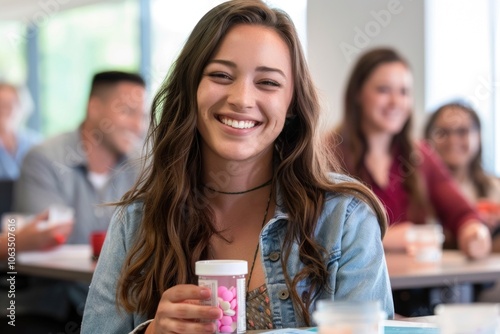 A trans woman smiling while holding HRT medication, with a supportive group meeting in the background photo