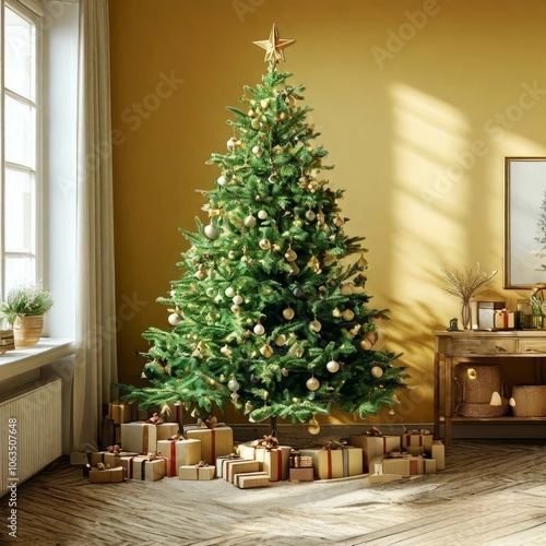 A beautifully decorated Christmas tree stands in a cozy room, adorned with twinkling lights and colorful ornaments. Wrapped gifts are placed underneath the tree, enhancing the festive atmosphere.