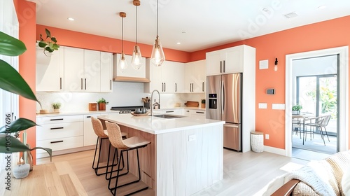 Wallpaper Mural Bright Kitchen with Peach Accent Wall and Sleek White Cabinetry Torontodigital.ca