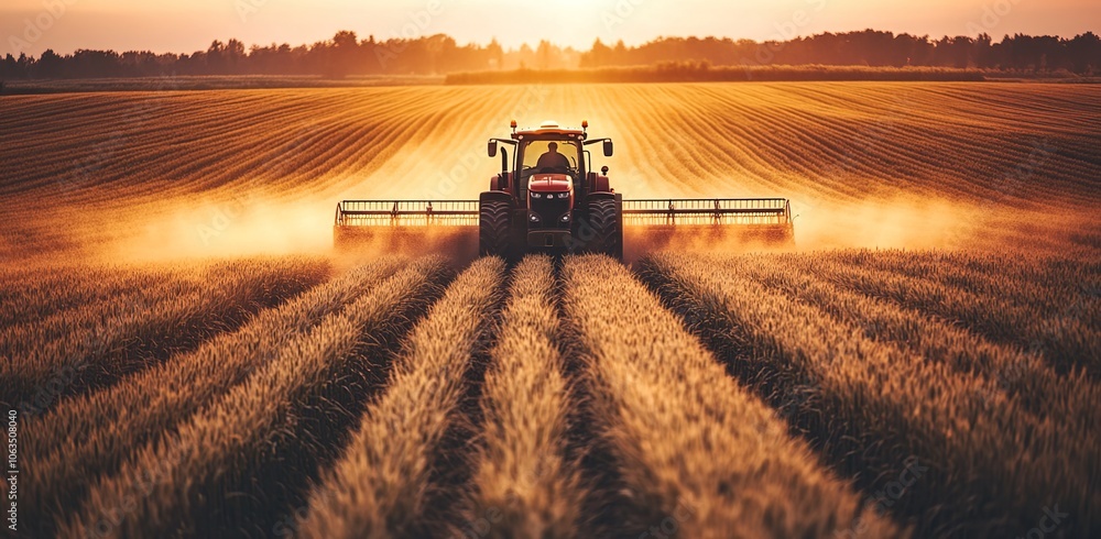 Fototapeta premium A tractor is driving through the wheat field, spraying water on it.