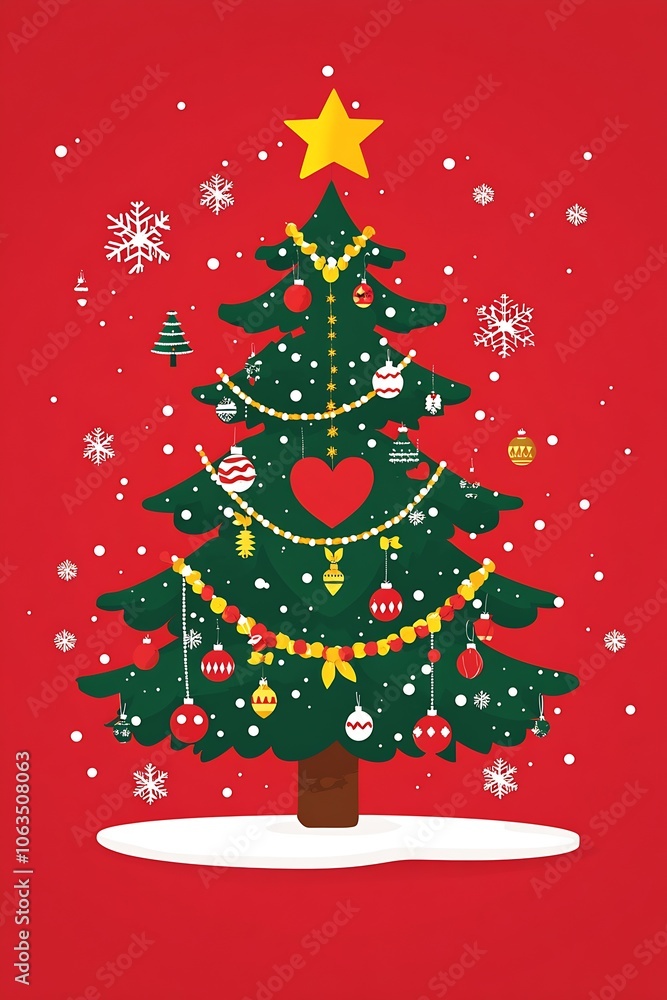 Festive Christmas Tree Illustration with Heart Ornaments and Snowflakes on Red Background : Generative AI Festive Christmas Tree Illustration with Heart Ornaments and Snowflakes on Red Background : Generative AI
