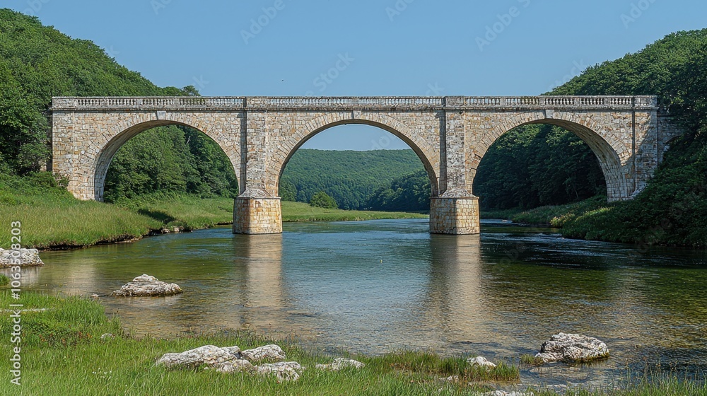 Fototapeta premium Historic Stone Arch Bridge Over River Scenic Landscape Nature Travel Architecture Summer