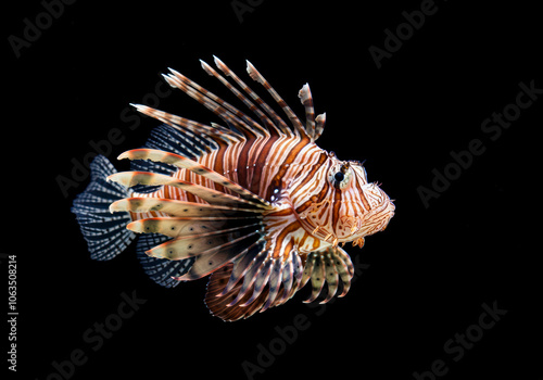 lion fish or lionfish Pterois volitans, a genus of venomous marine fish from the Indo Pacific characterized by conspicuous warning coloration of red or black bands, white background photo