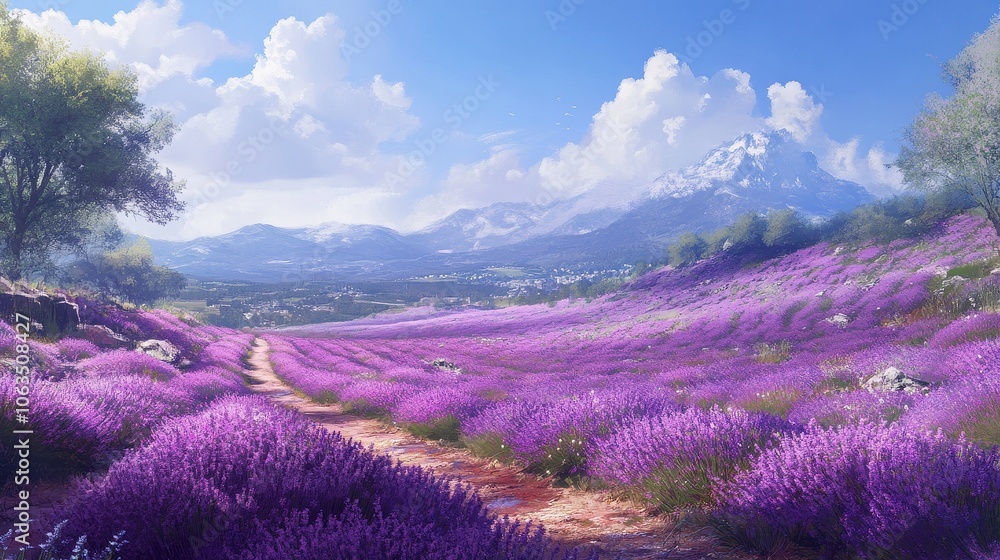 Obraz premium A serene scene of lavender fields in peak bloom under an open sky, with rich purple hues contrasting against the cool, clear weather of a temperate landscape.