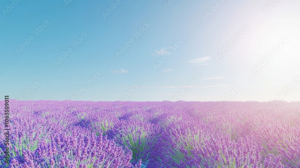 Naklejka premium Expansive lavender field in full bloom with vibrant purple hues stretching to the horizon, set against a clear, blue sky in a refreshing, cool-climate atmosphere.